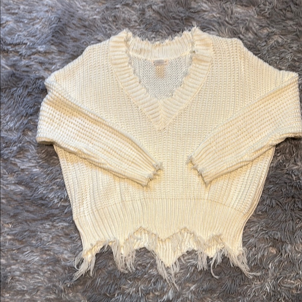Fashion Nova Cream Frayed V-Neck Sweater